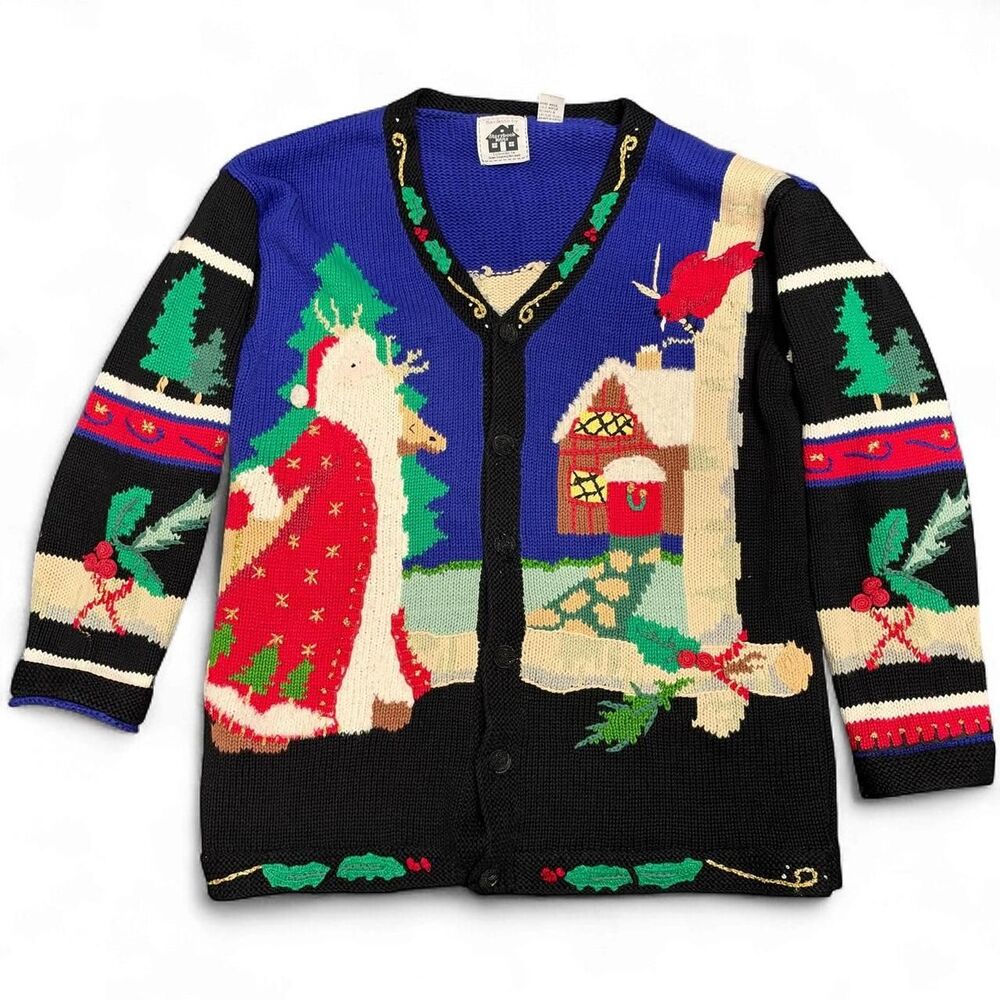 Vintage 90s Storybook Knits Christmas Sweater Cardigan Large Santa Cabin